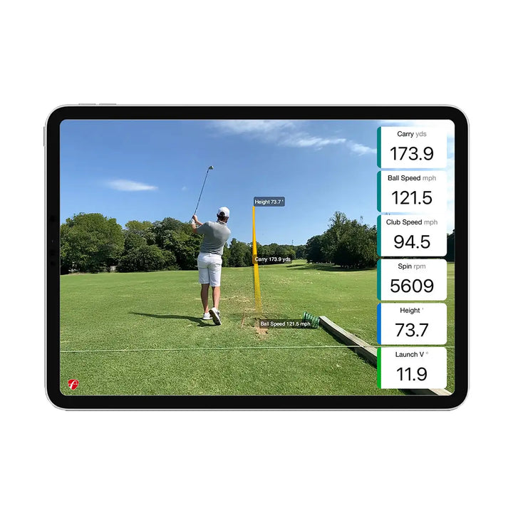 A golfer swings on a course; an iPad displaying swing metrics like carry distance and ball speed for performance analysis.